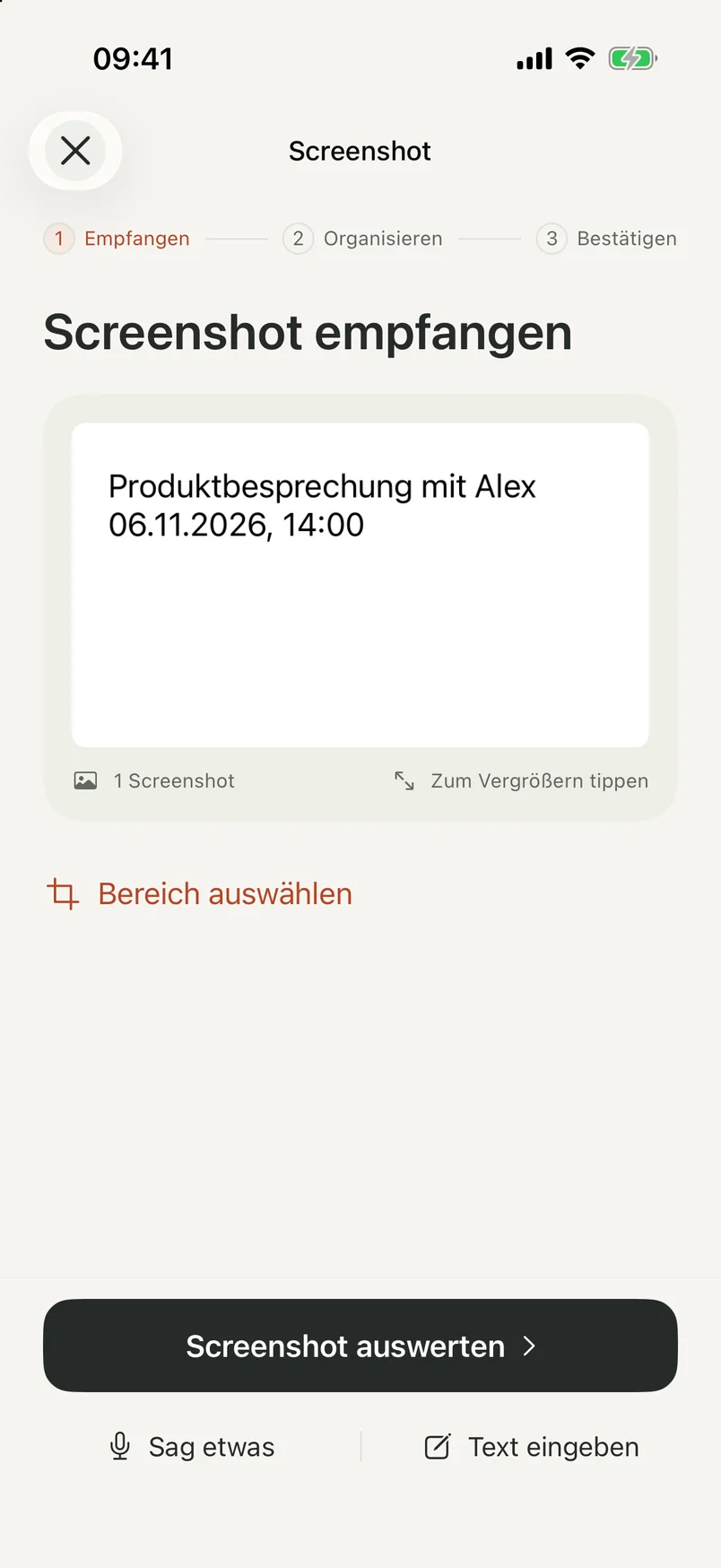 NocGO-Erfassungsansicht mit einem empfangenen Screenshot vor dem Absenden