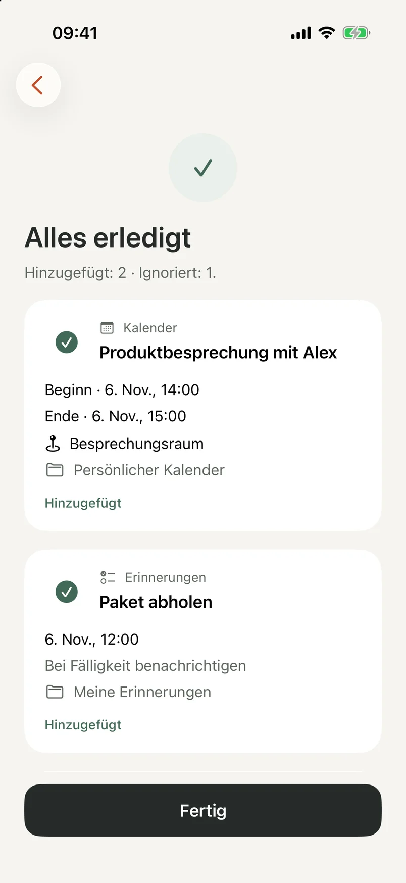 NocGO-Abschlussansicht mit hinzugefügten Kalender- und Erinnerungseinträgen