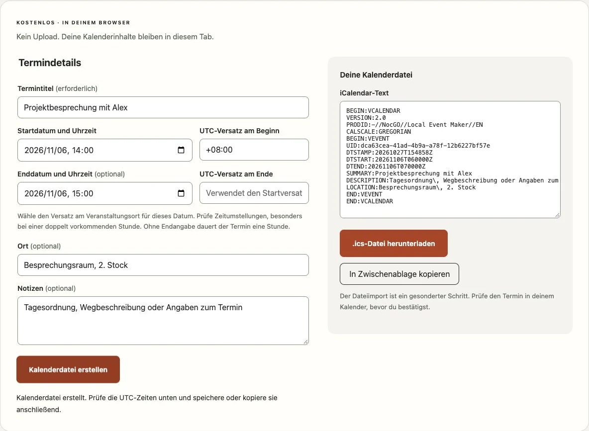 NocGO-Kalenderdatei-Generator mit Terminformular und erzeugtem iCalendar-Text