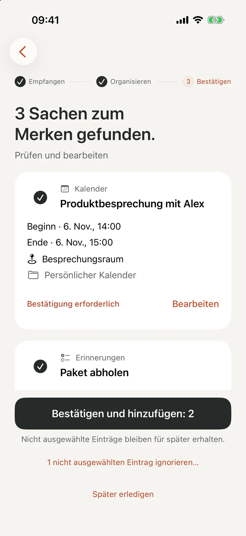 NocGO-Prüfansicht mit bearbeitbaren Termin- und Erinnerungsentwürfen sowie Auswahlfunktionen