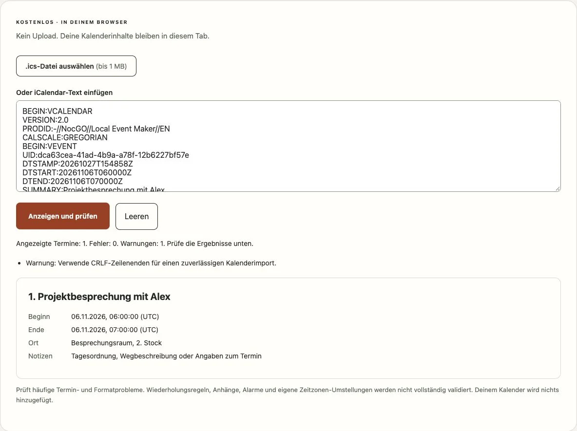 NocGO-ICS-Betrachter mit einem Beispieltermin und den Ergebnissen der Kalenderprüfung