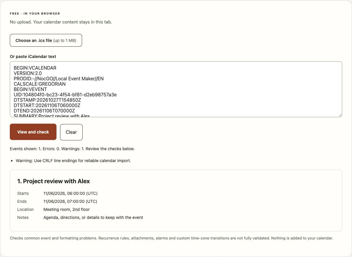 NocGO ICS viewer showing a sample event and the results of its calendar checks