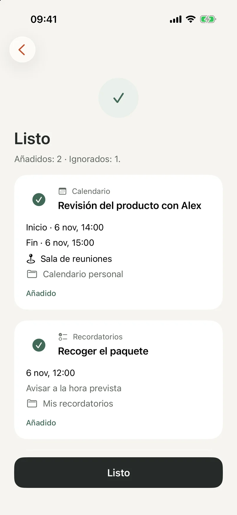 Pantalla de finalización de NocGO con eventos y recordatorios añadidos