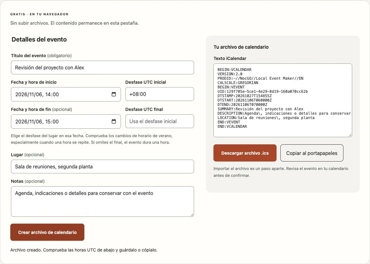 Creador de archivos de calendario de NocGO con un formulario de evento y el texto iCalendar generado