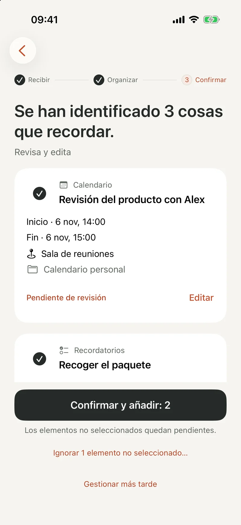 Pantalla de revisión de NocGO con borradores editables de eventos y recordatorios y controles de selección