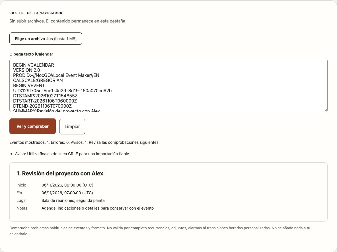 Visor ICS de NocGO con un evento de ejemplo y los resultados de las comprobaciones del calendario