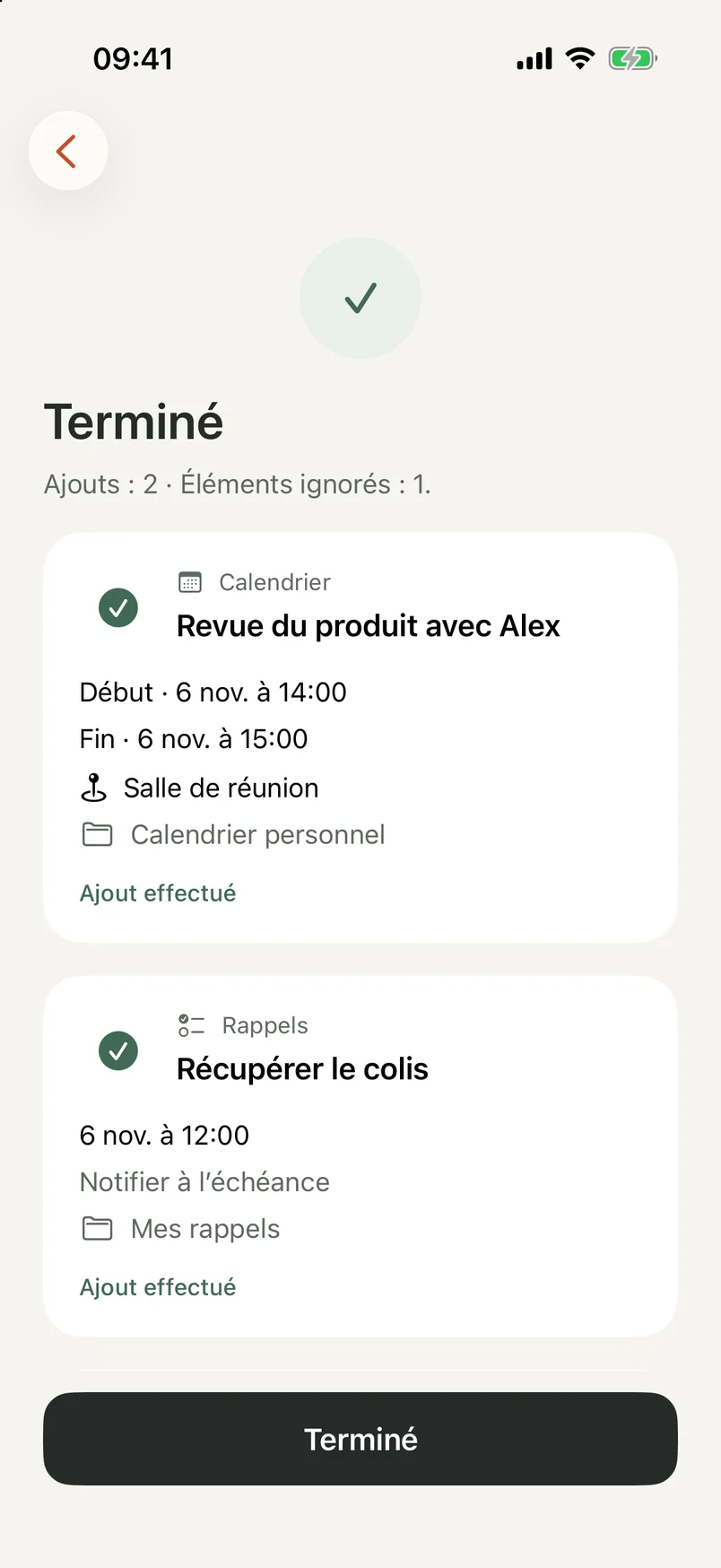 Écran de fin NocGO montrant des événements et rappels ajoutés
