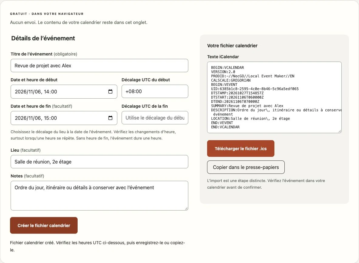 Créateur de fichiers calendrier NocGO avec un formulaire d’événement et le texte iCalendar généré