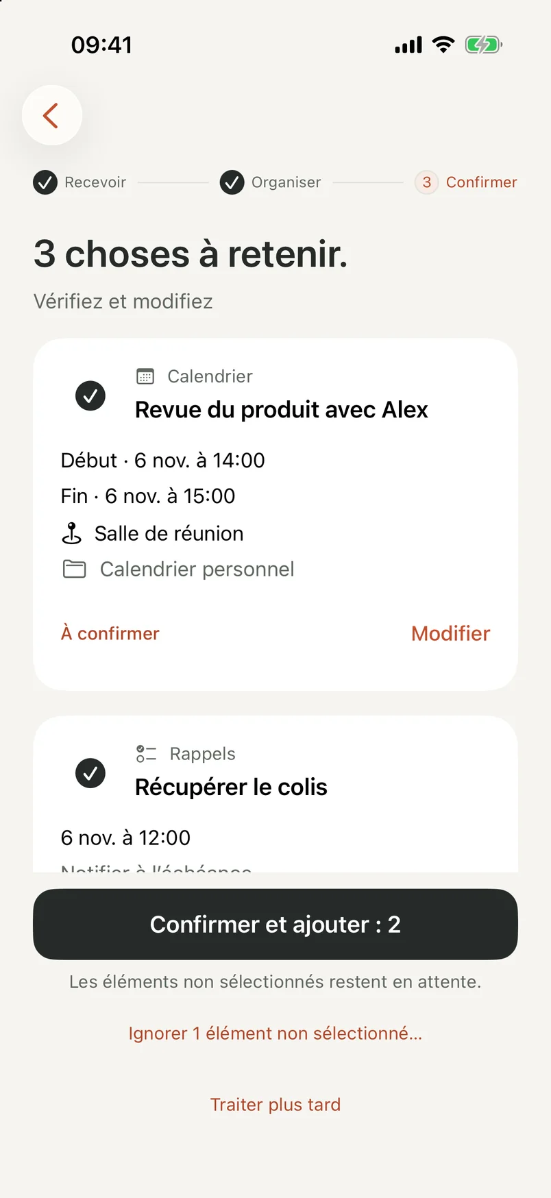 Écran de vérification NocGO avec brouillons modifiables et commandes de sélection
