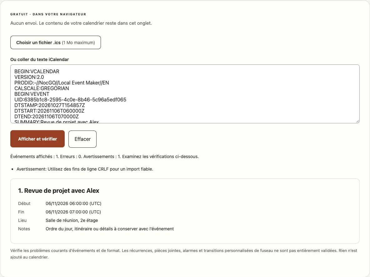 Lecteur ICS NocGO affichant un événement d’exemple et les résultats de sa vérification