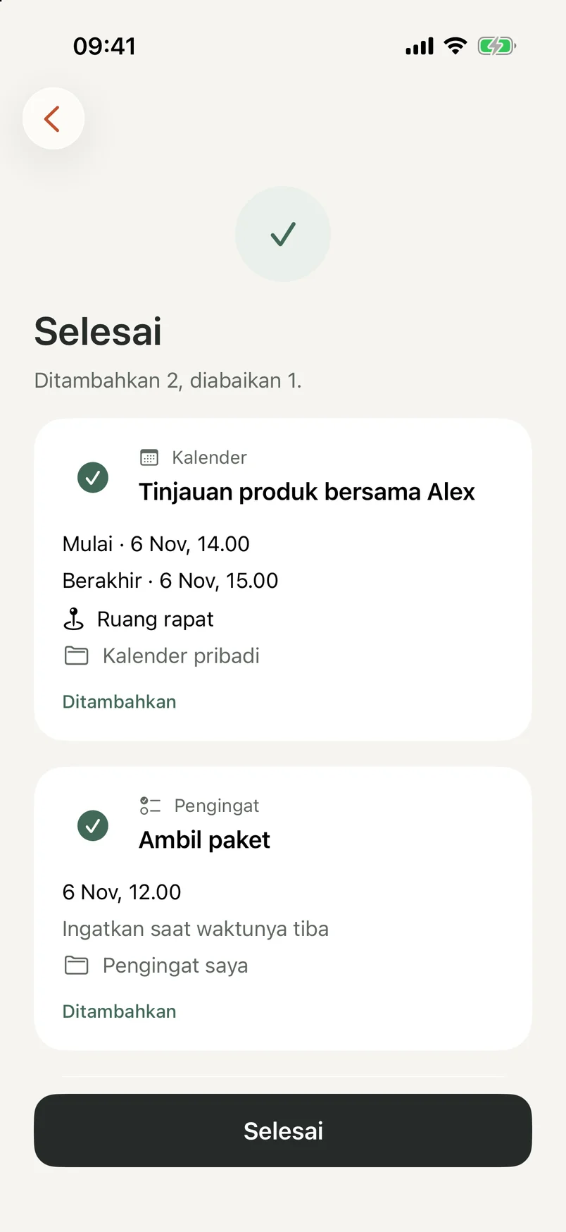 Layar penyelesaian NocGO menampilkan item kalender dan pengingat yang telah ditambahkan
