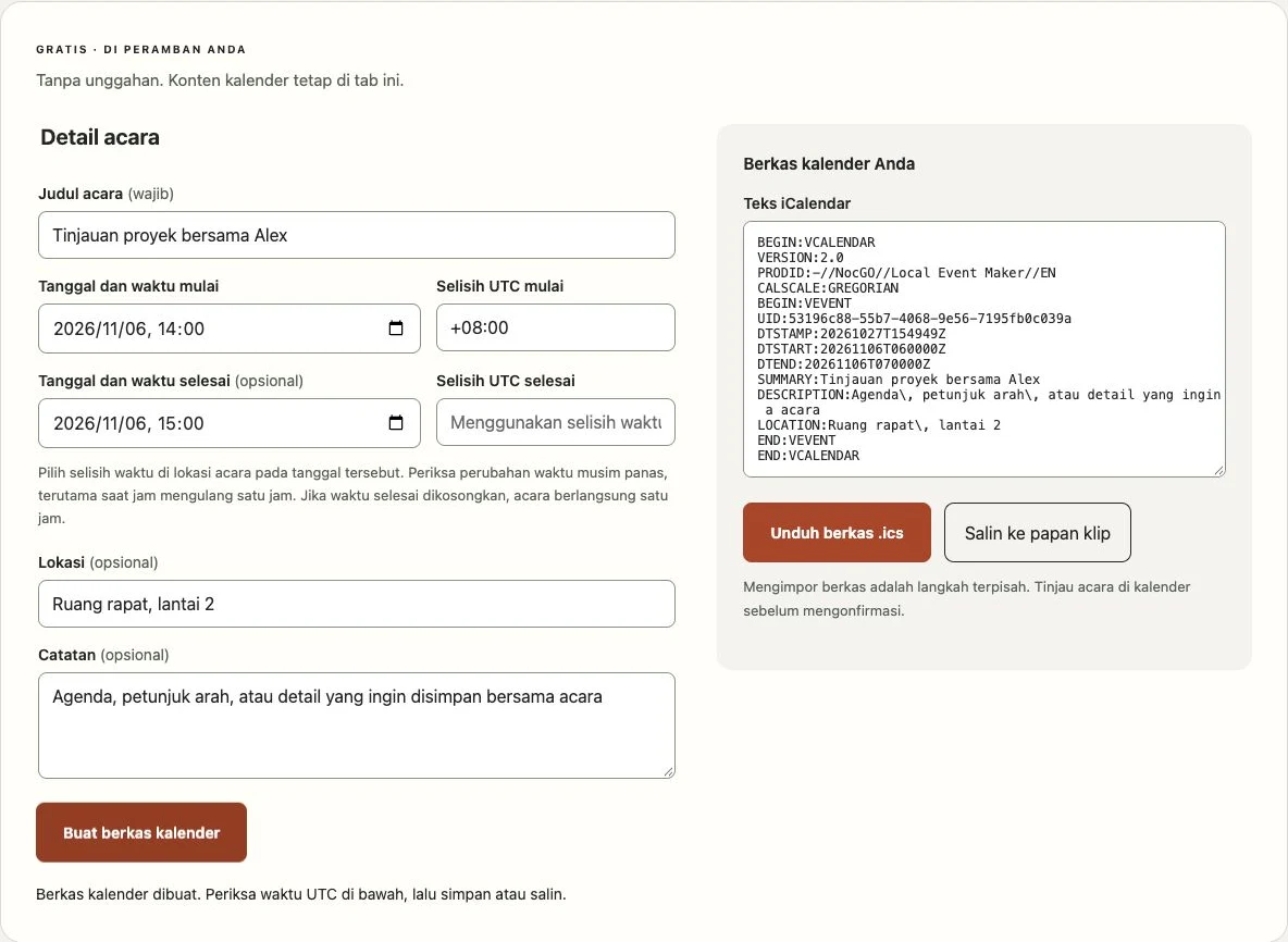 Pembuat file kalender NocGO dengan formulir acara dan teks iCalendar yang dihasilkan