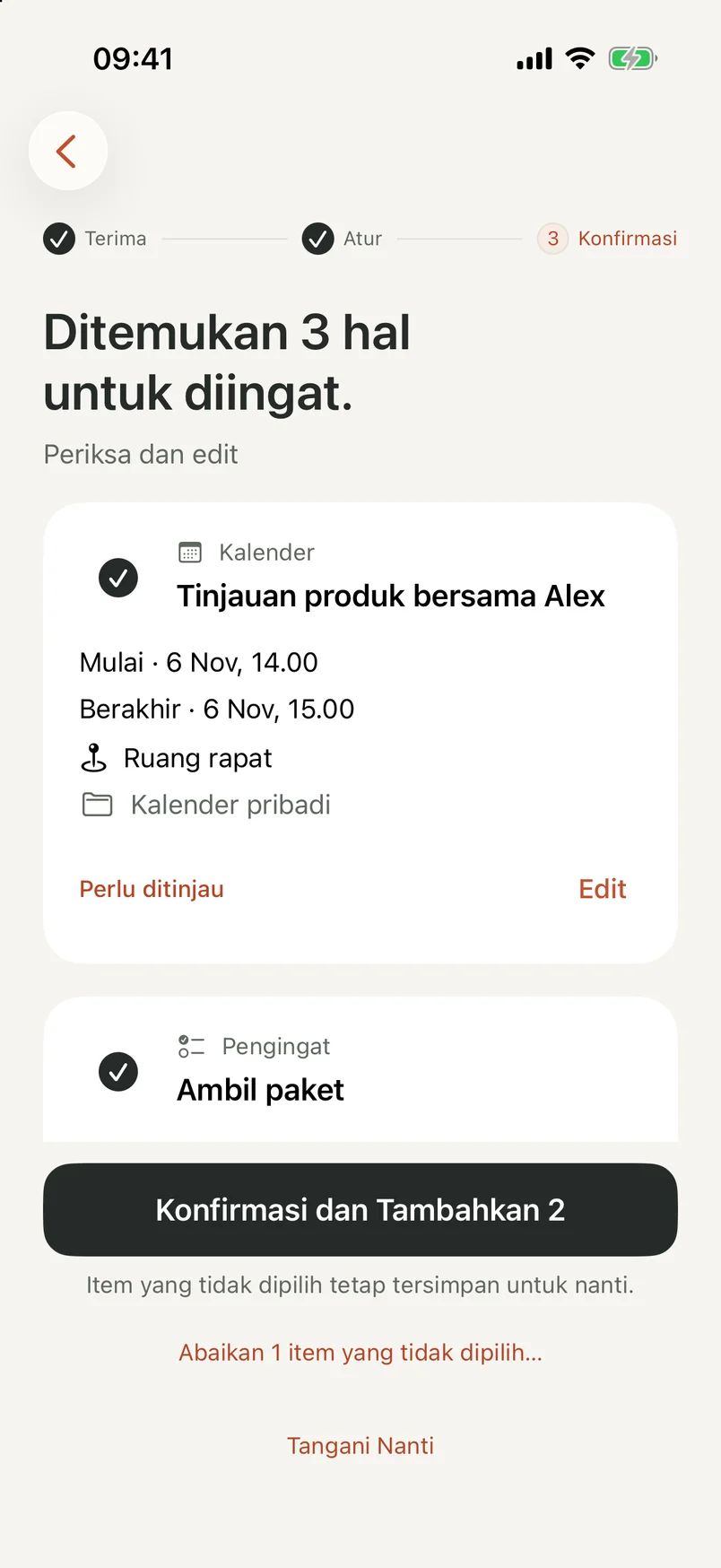 Layar peninjauan NocGO dengan draf acara dan pengingat yang dapat diedit serta kontrol pemilihan