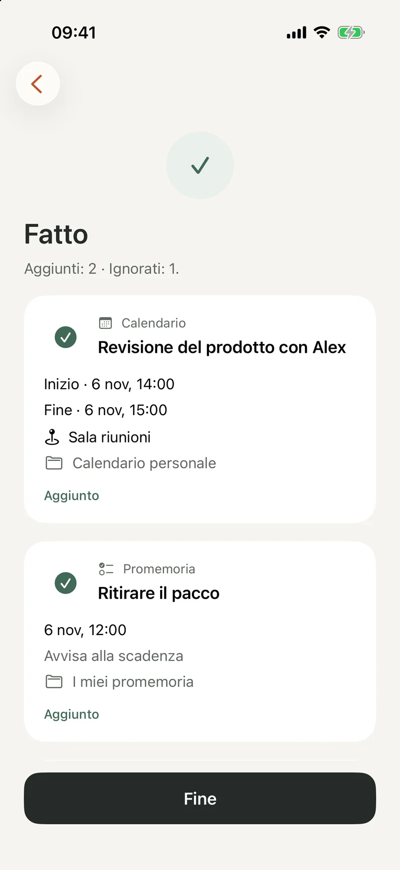Schermata finale NocGO con eventi e promemoria aggiunti
