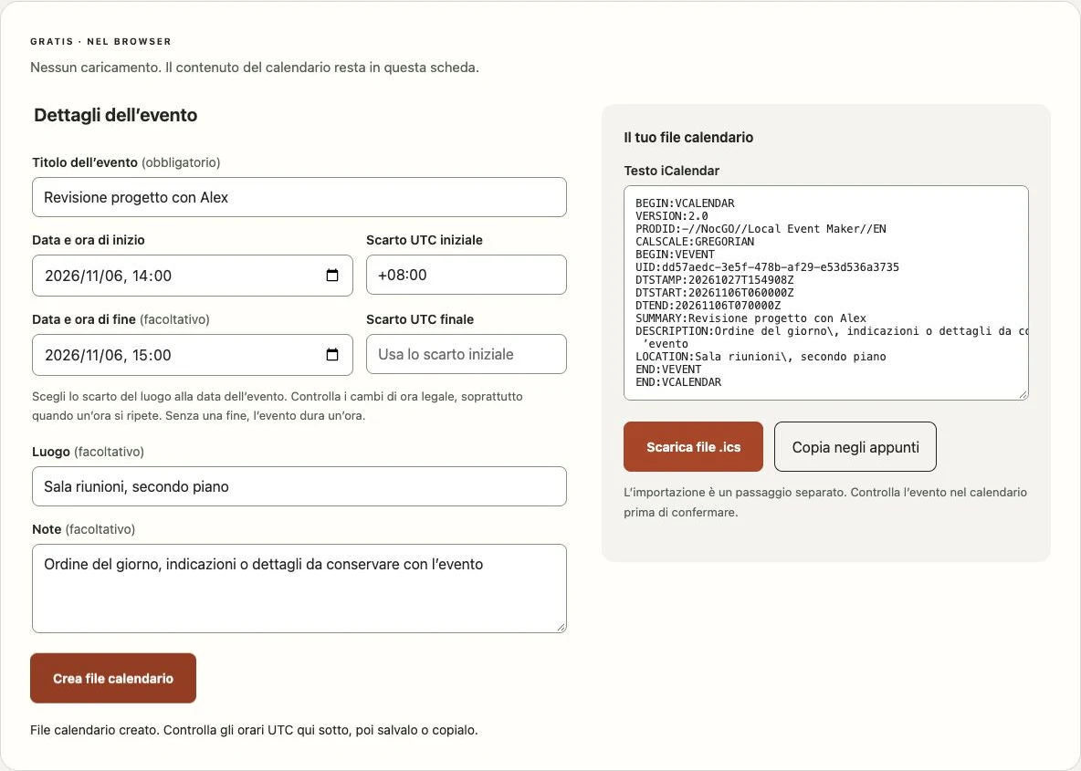 Generatore di file calendario NocGO con modulo evento e testo iCalendar generato