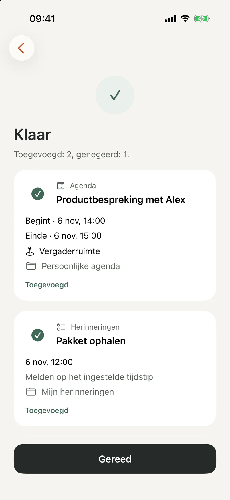 Het voltooiingsscherm van NocGO met toegevoegde agenda-afspraken en herinneringen