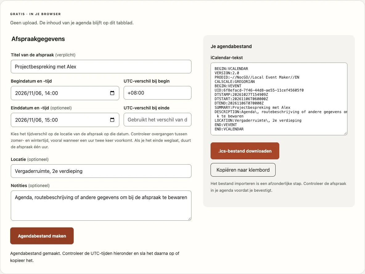 NocGO-agendabestandmaker met een afspraakformulier en gegenereerde iCalendar-tekst