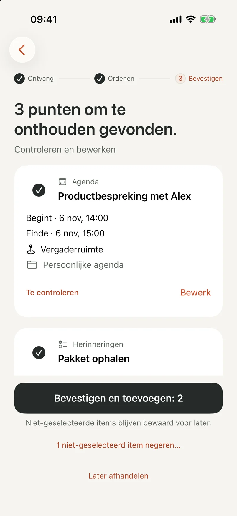 Het controlescherm van NocGO met bewerkbare concepten voor afspraken en herinneringen en selectieknoppen