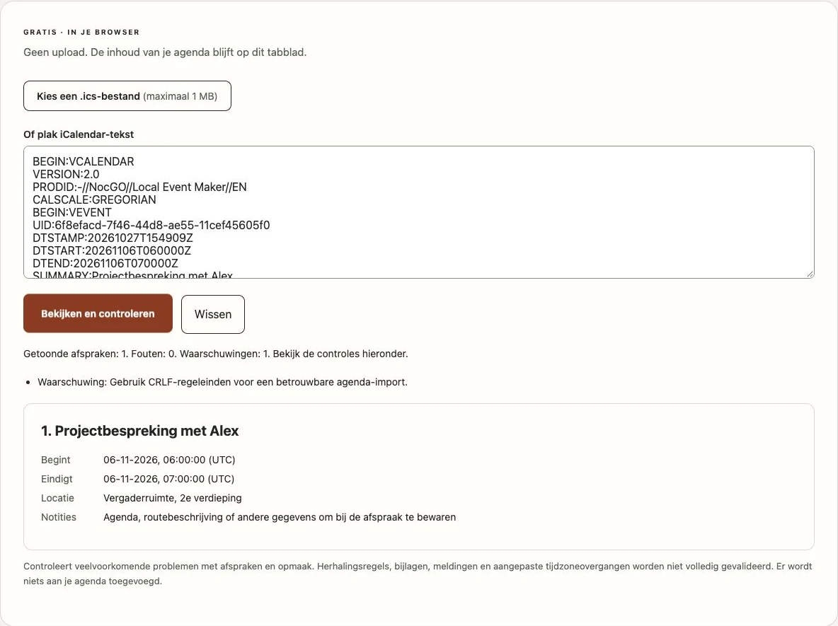 NocGO ICS-viewer met een voorbeeldafspraak en de resultaten van de agendacontroles