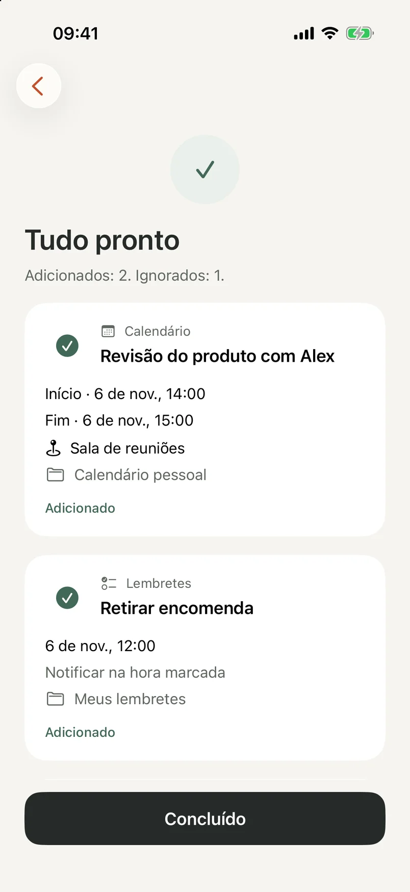 Tela de conclusão do NocGO mostrando eventos e lembretes adicionados