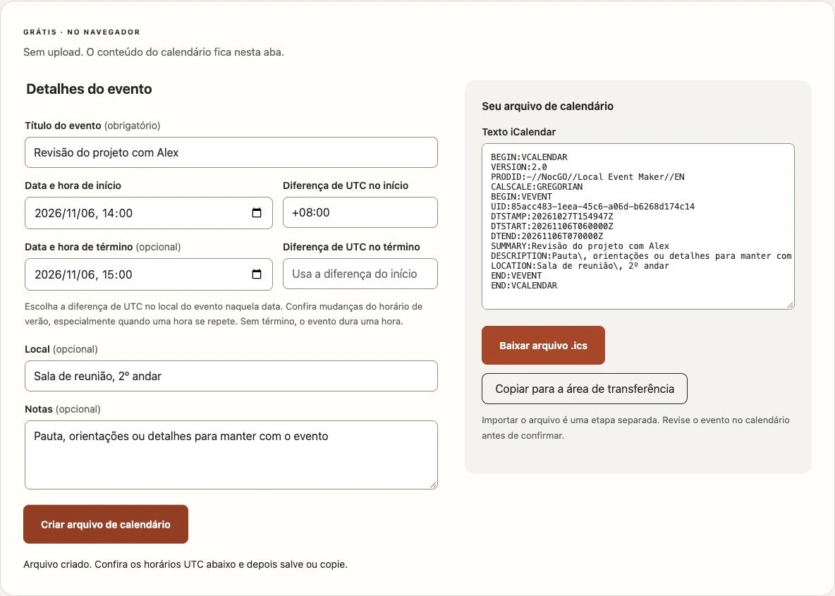 Criador de arquivos de calendário do NocGO com formulário de evento e texto iCalendar gerado