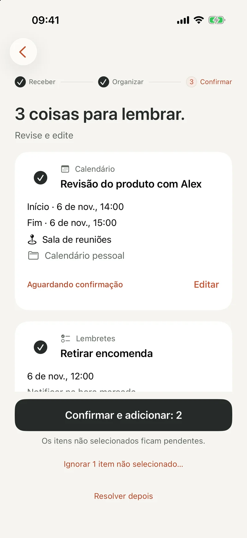 Tela de revisão do NocGO com rascunhos editáveis de eventos e lembretes e controles de seleção