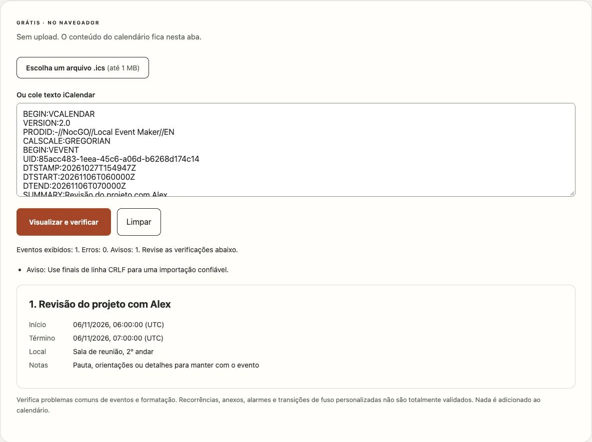 Visualizador ICS do NocGO mostrando um evento de exemplo e os resultados das verificações