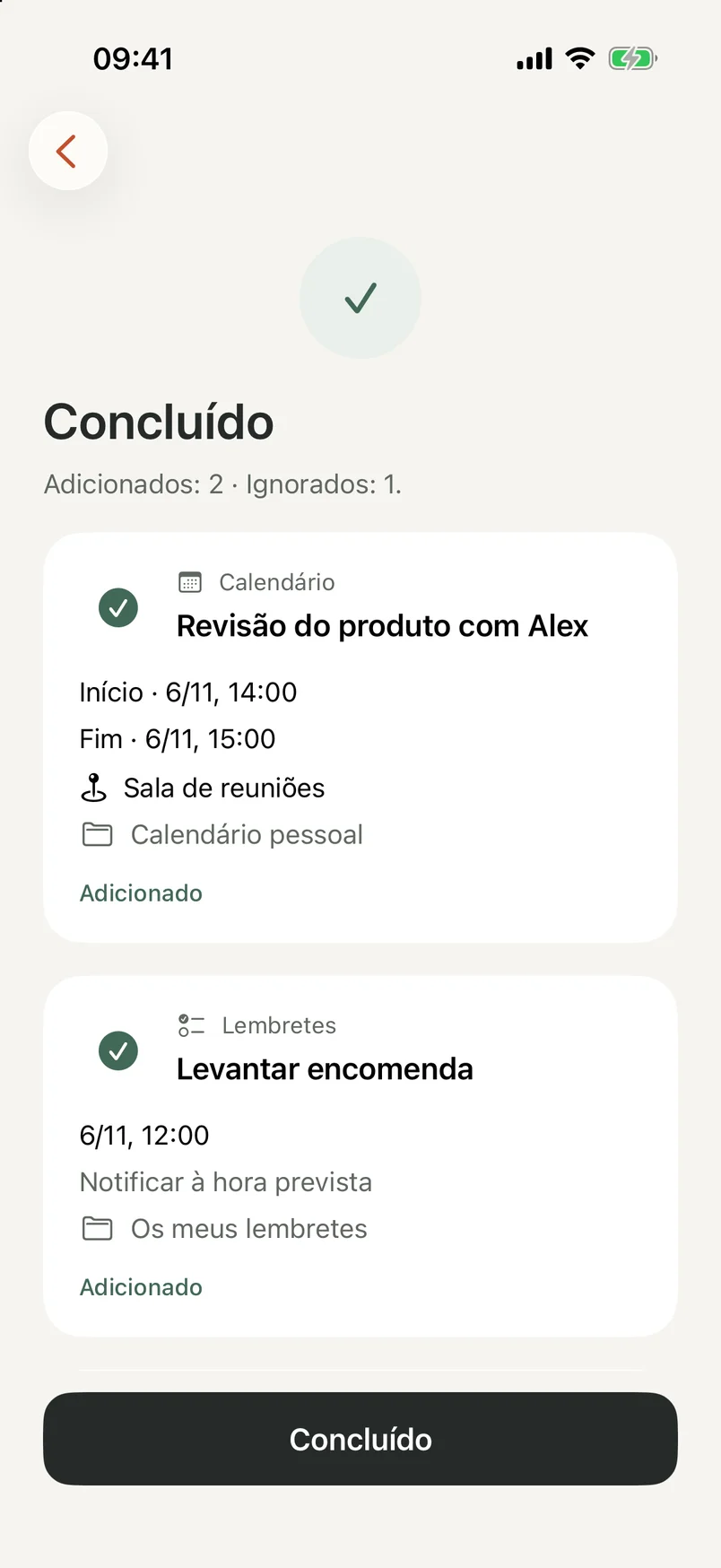 Ecrã de conclusão do NocGO a mostrar eventos e lembretes adicionados