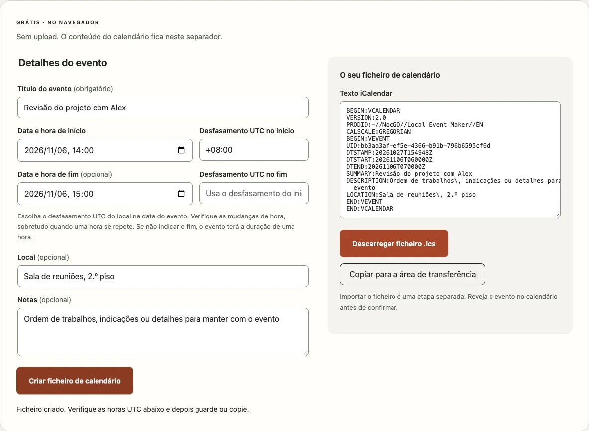 Criador de ficheiros de calendário do NocGO com formulário de evento e texto iCalendar gerado