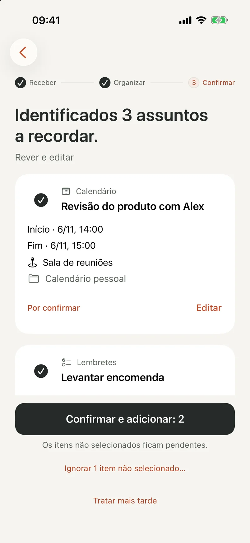 Ecrã de revisão do NocGO com rascunhos editáveis de eventos e lembretes e controlos de seleção