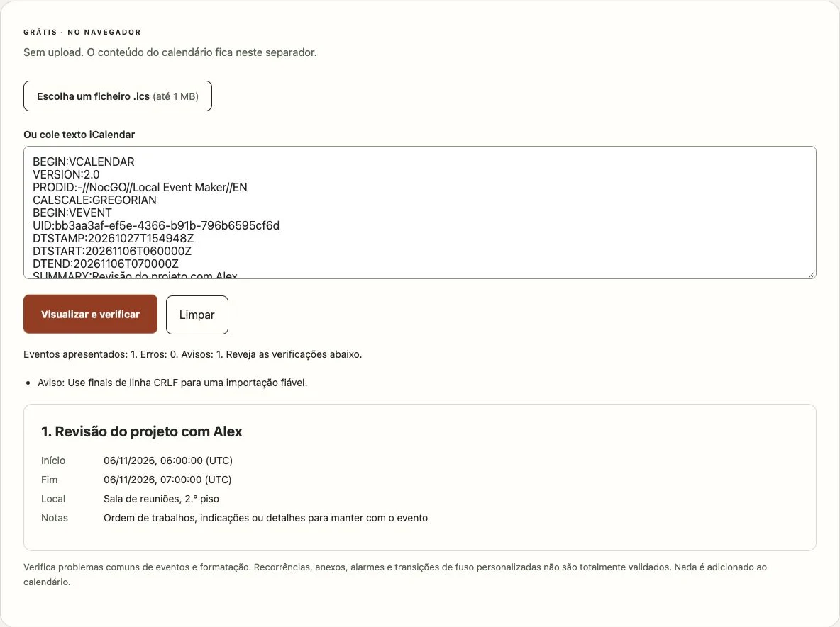 Visualizador ICS do NocGO a mostrar um evento de exemplo e os resultados das verificações