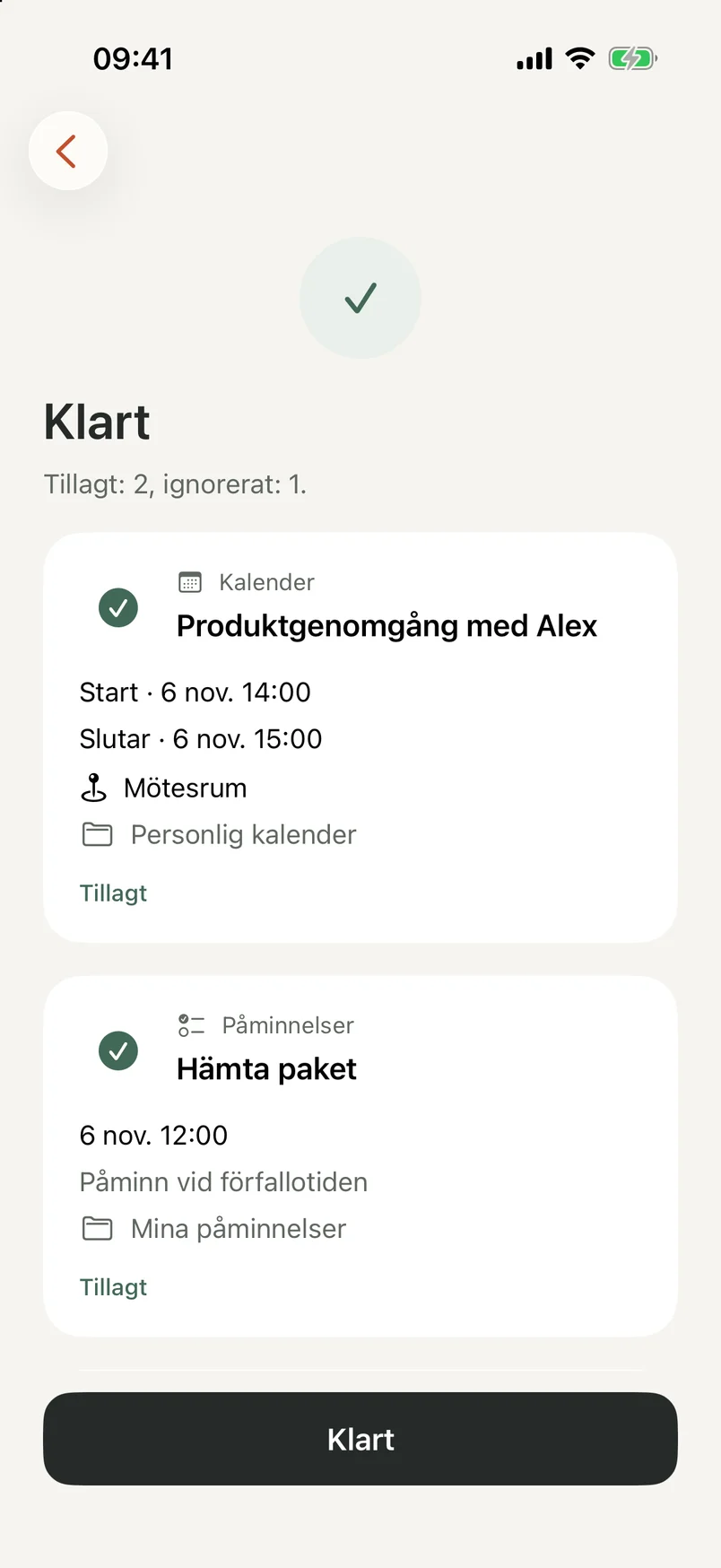 NocGO:s slutförandeskärm med tillagda kalender- och påminnelseposter