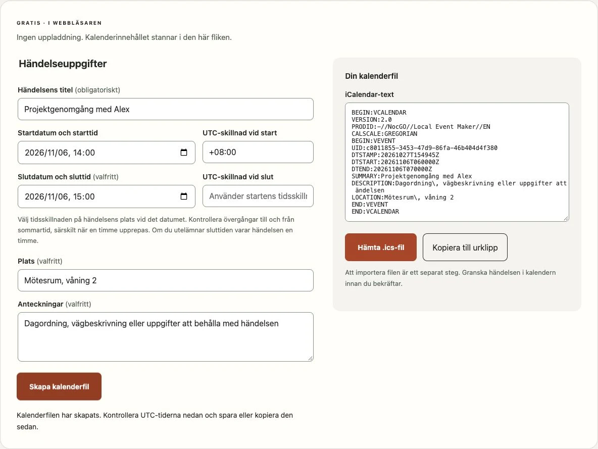 NocGO:s kalenderfilskapare med händelseformulär och genererad iCalendar-text