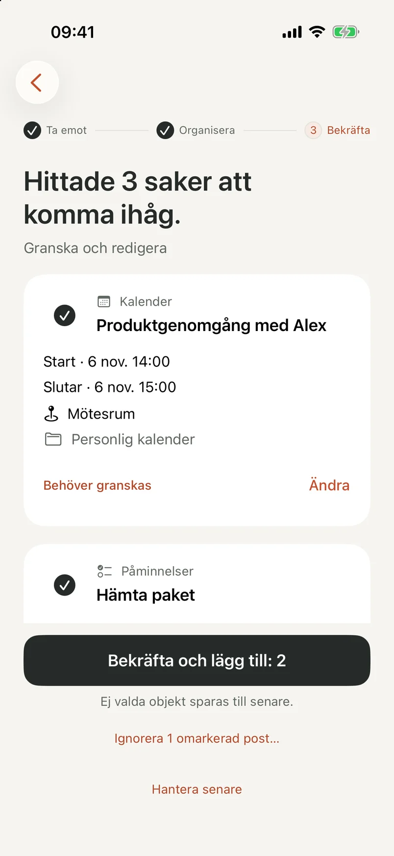 NocGO:s granskningsskärm med redigerbara händelse- och påminnelseutkast och valkontroller