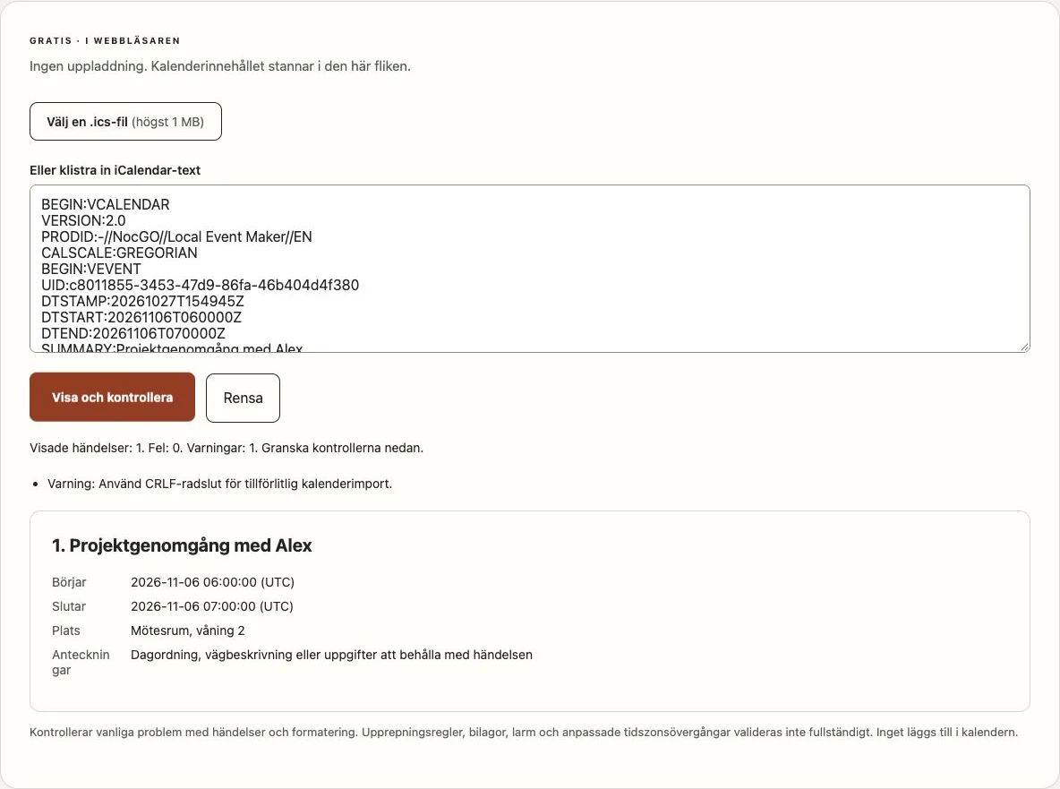 NocGO:s ICS-visare med en exempelhändelse och resultat från kalenderkontrollerna