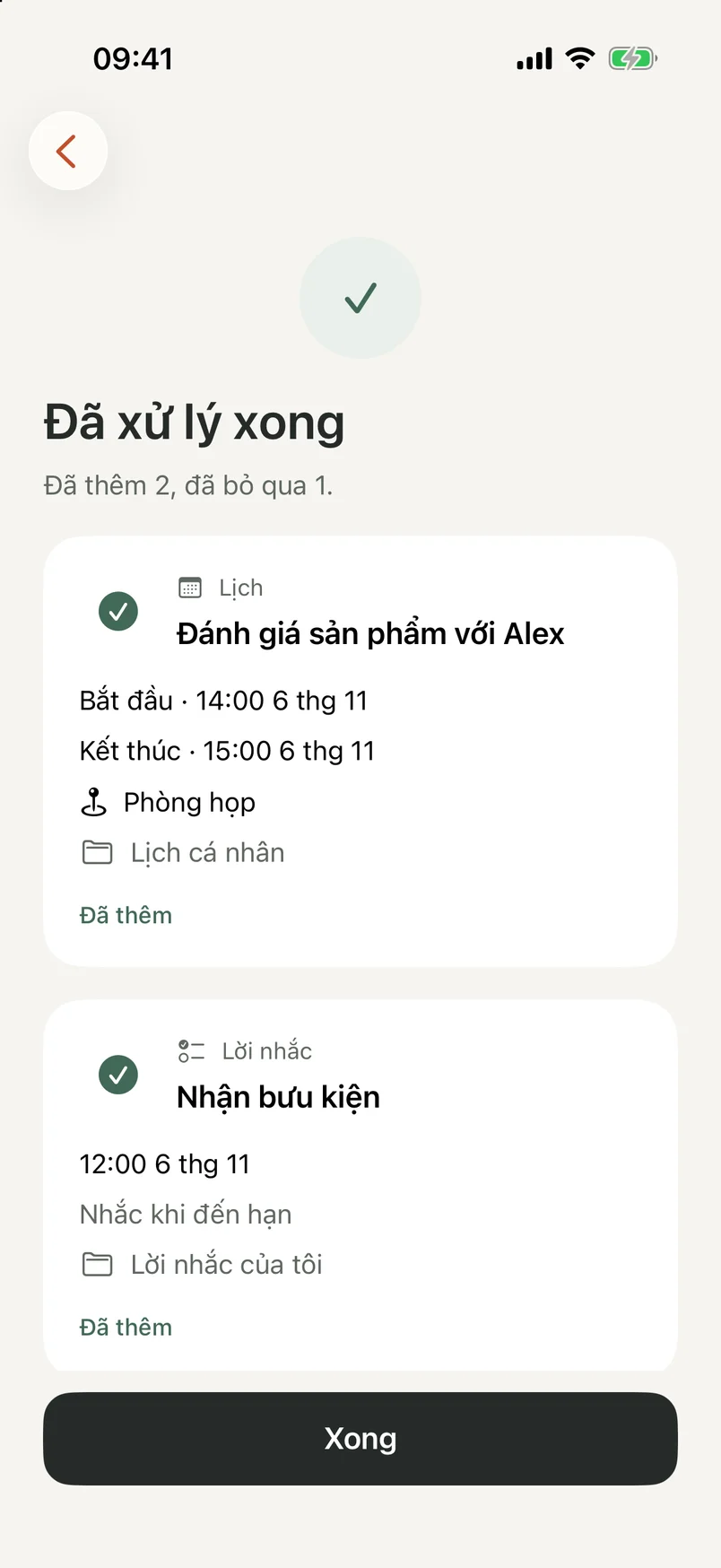 Màn hình hoàn tất của NocGO hiển thị các mục lịch và lời nhắc đã thêm