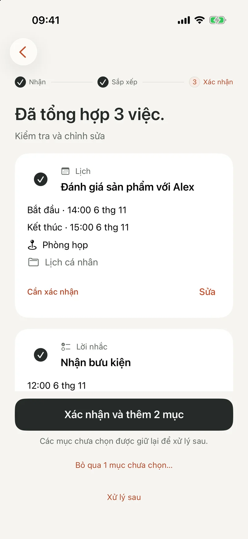 Màn hình kiểm tra của NocGO với bản nháp sự kiện, lời nhắc có thể sửa và các điều khiển chọn