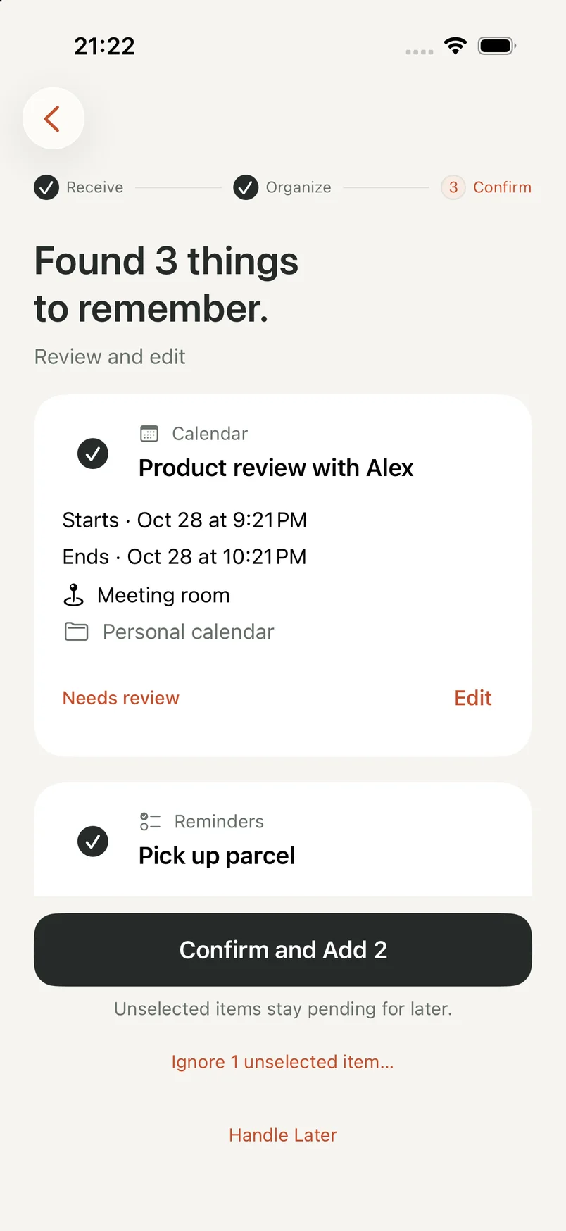 NocGO showing editable calendar and reminder drafts with a Confirm and Add button
