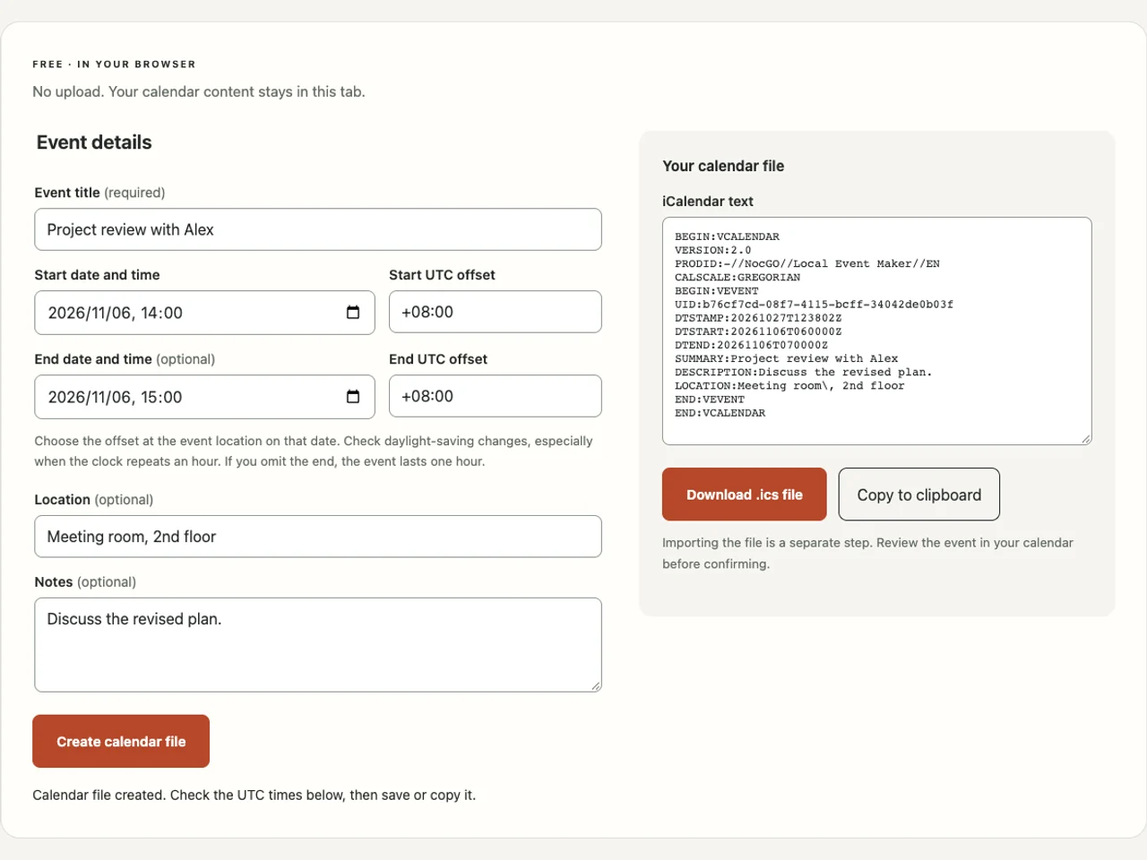NocGO calendar file maker with an event form and generated iCalendar text