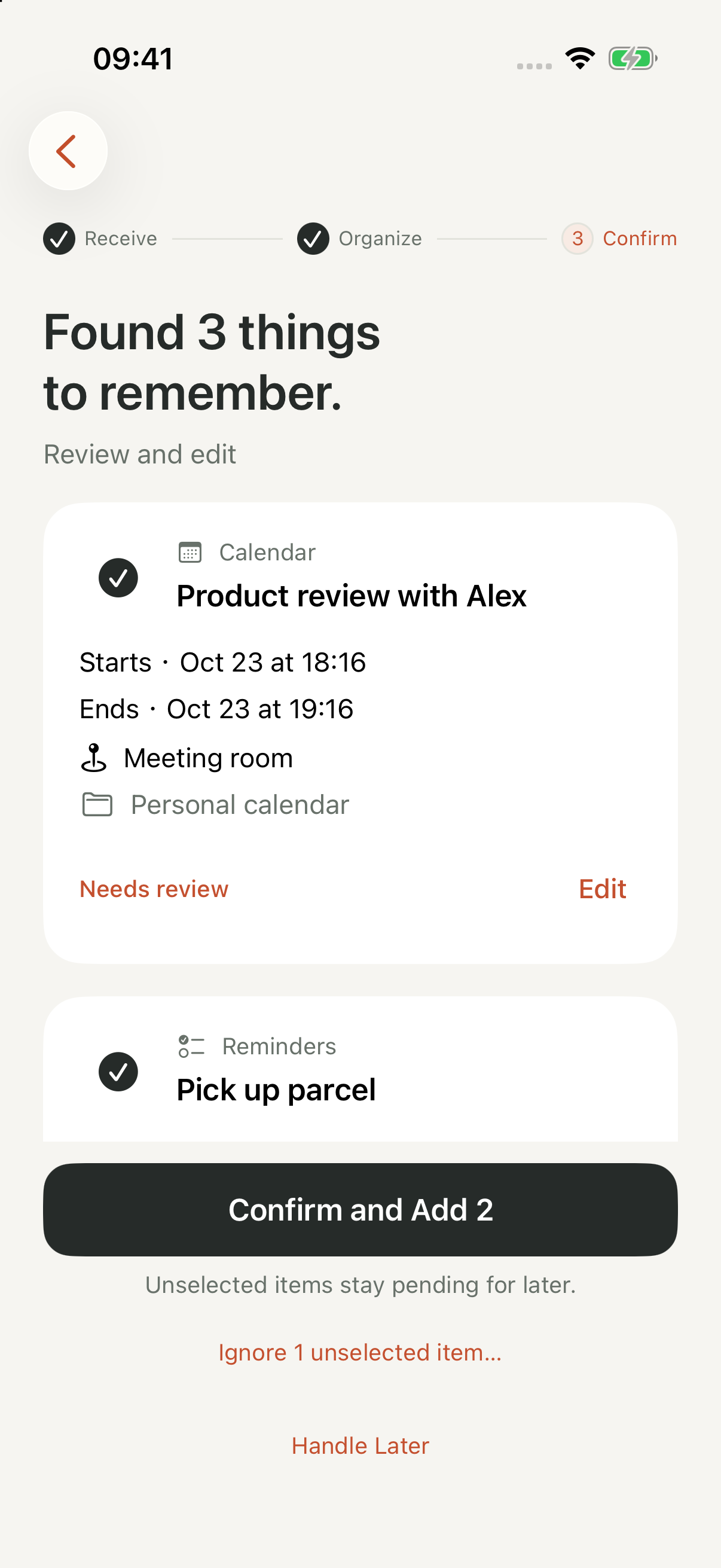 NocGO review screen with calendar and reminder drafts, selection, edit, and confirm controls